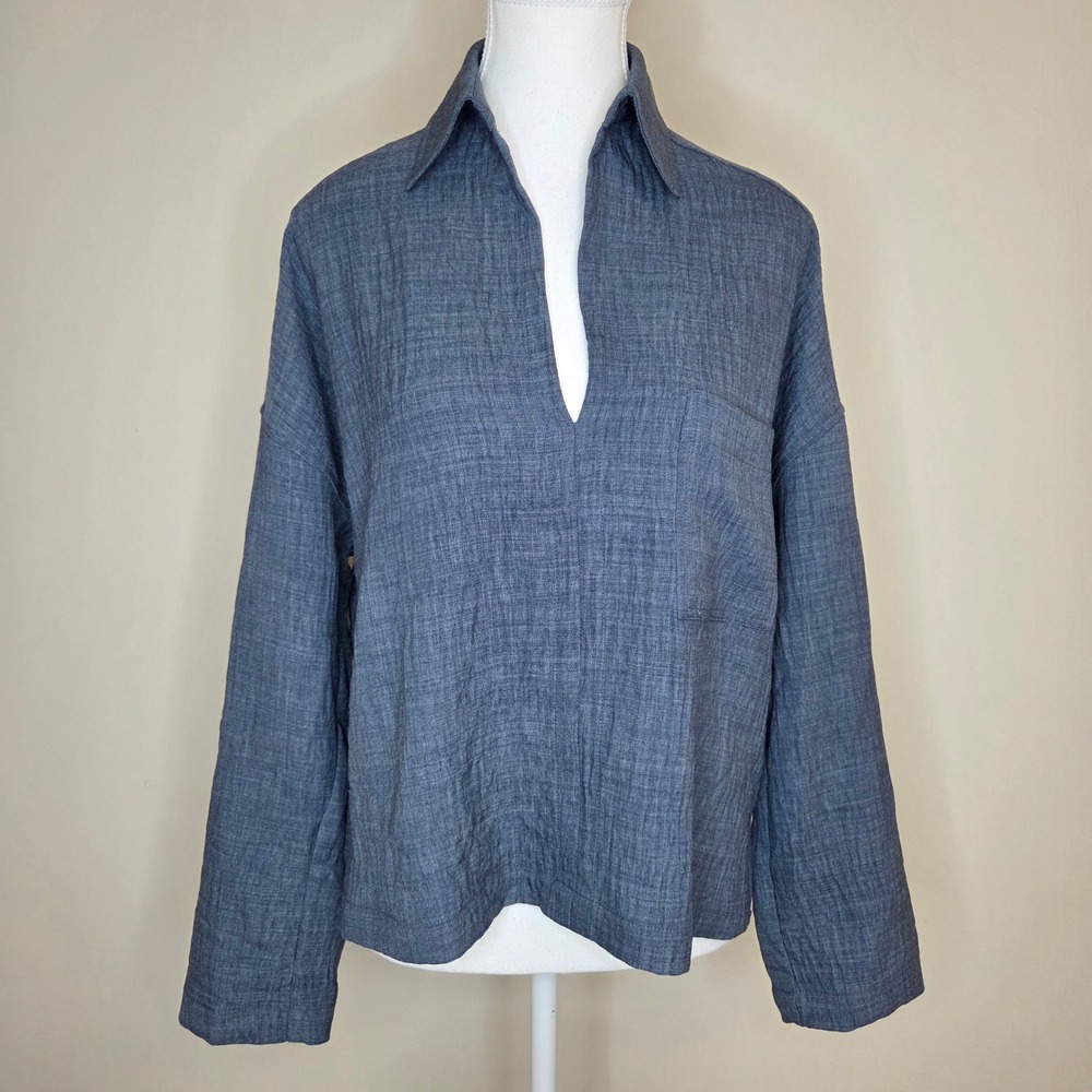 Max Studio‎ London Womens XS Blue Textured V-Neck Roll Tab Sleeve Tunic Blouse